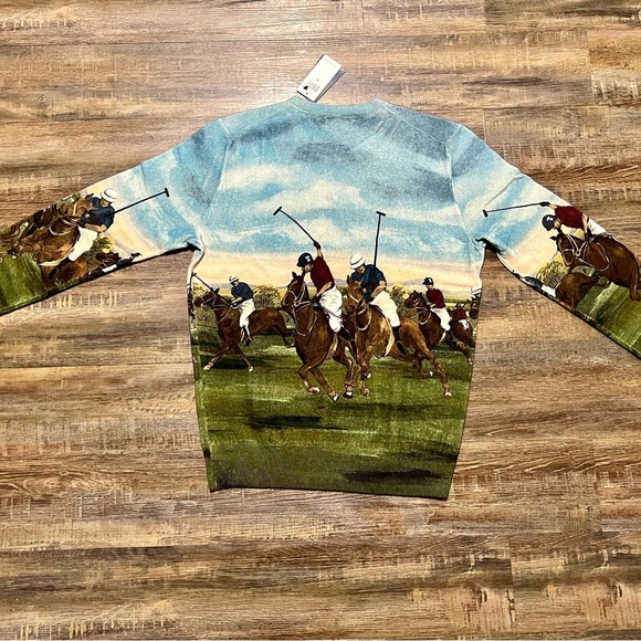 Polo Ralph Lauren Equestrian Graphic Print Polo Match 100% Cashmere Sweater Rare - Picture 3 of 8